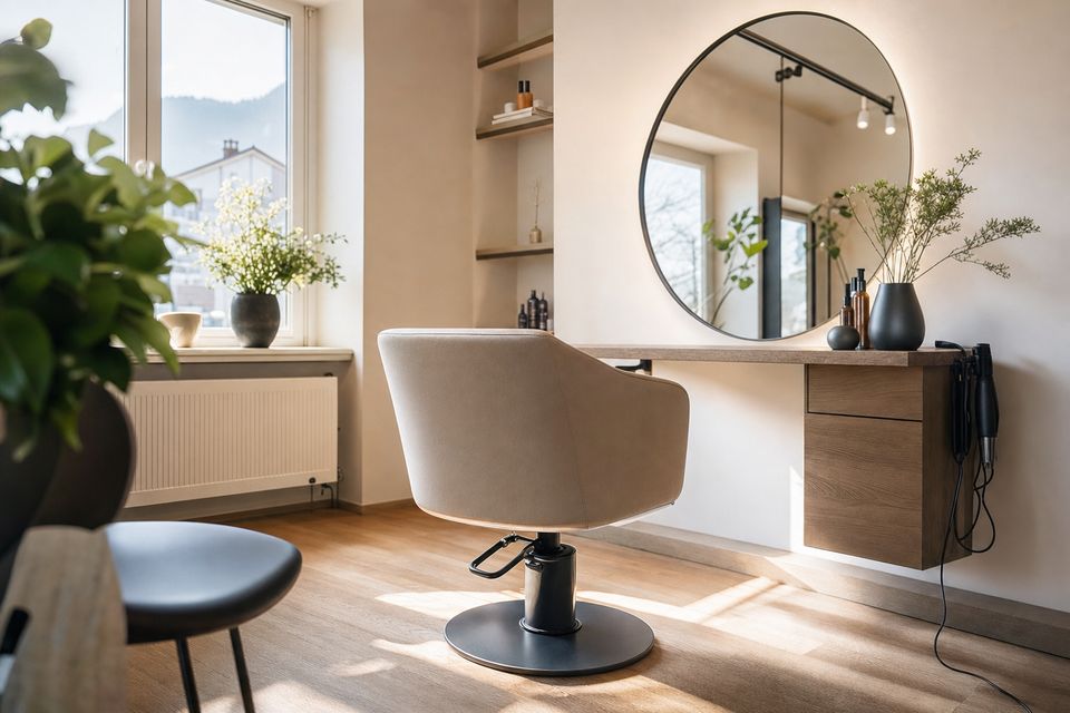 the room seen from a different angle, detail of the working area, chairs and mirrors, no people